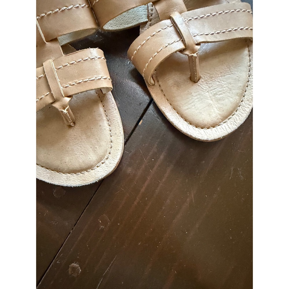 Caslon Womens Tan Leather T-Strap Slide Sandals Contrast Stitch Flat Size 9M - Picture 3 of 6